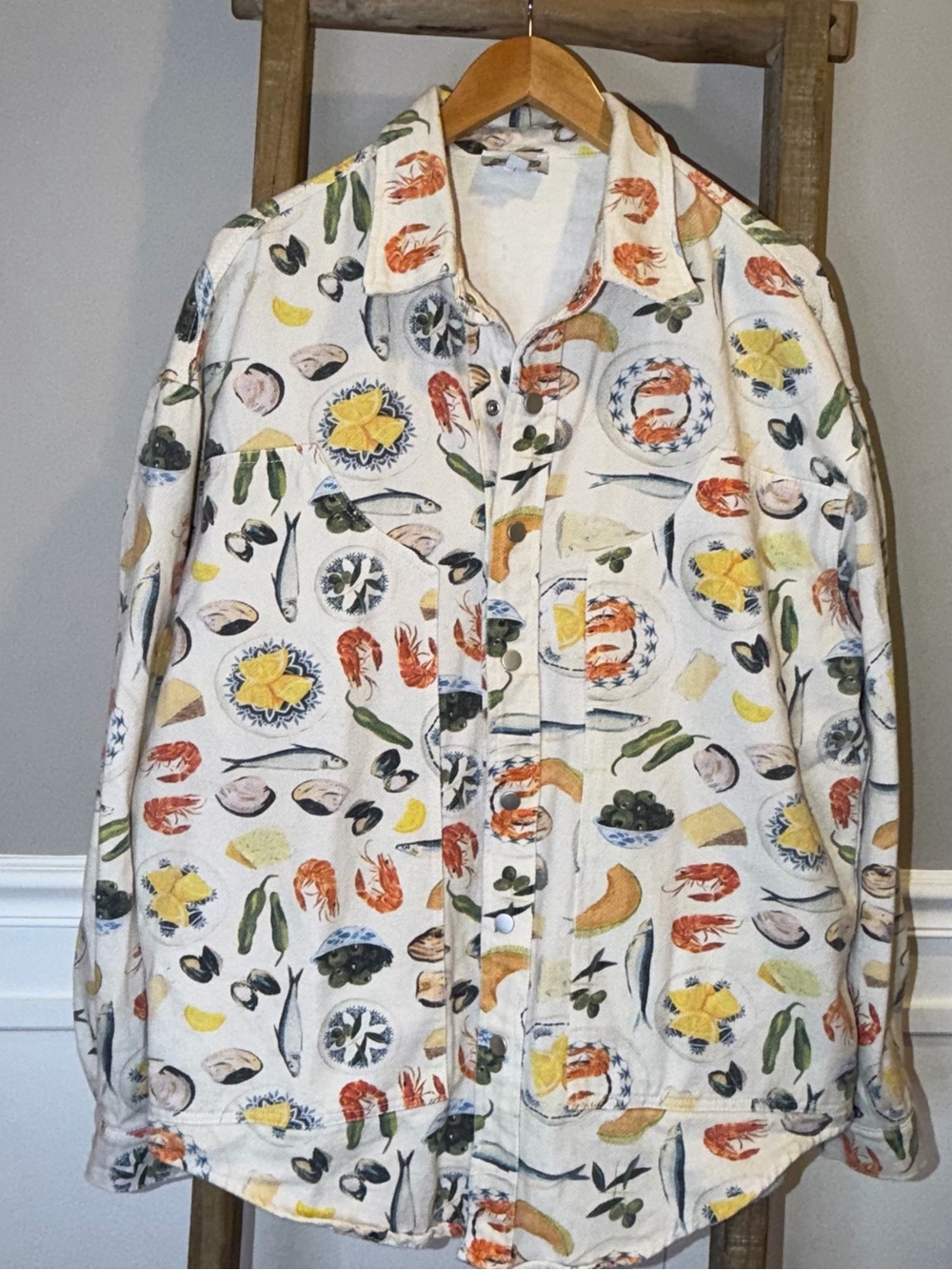 Juny seafood print denim jacket / shacket, Size L